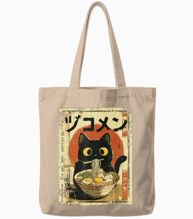 Kawaii Cat Eating Noodles Ramen Funny Vintage Anime Japanese Tote Bags in Natural