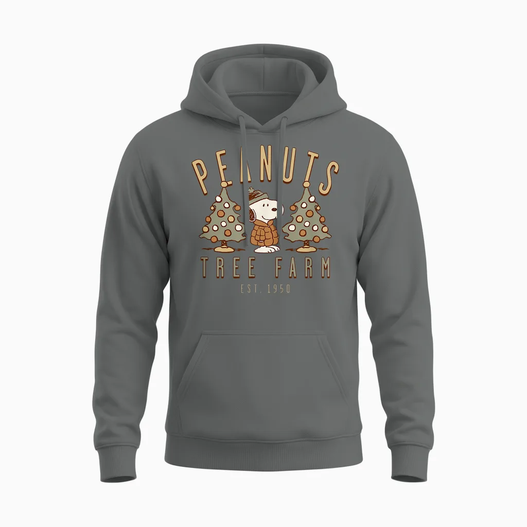 Snoopy Peanuts Tree Farm Christmas Retro Style Unisex Hoodie in Graphite Heather
