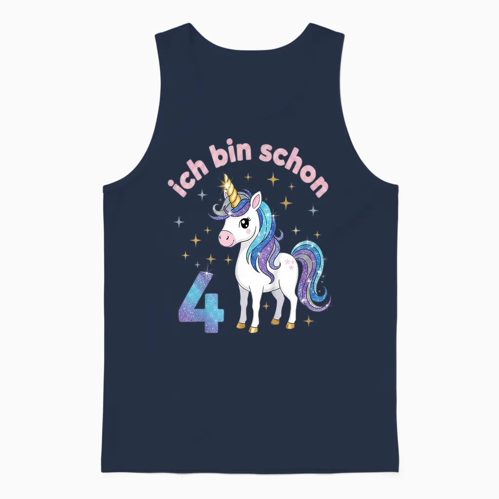 Ich Bin Schon 4 Einhorn 4. Geburtstag Mädchen Regenbogen Unisex Tank Top in Navy