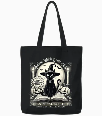 Salem Witch Book Club Vintage Halloween Cat Noir Book Lover Tote Bags - Black