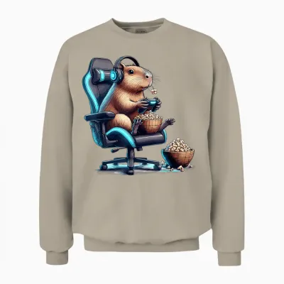 Capybara Gaming Controller Headset with Popcorn Animal Motif T-Shirt, Black Unisex Sweatshirt - Sand