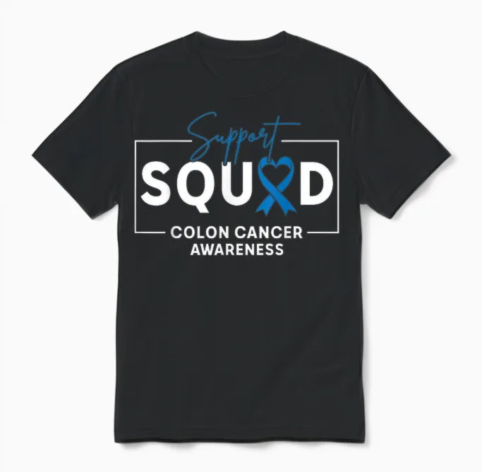 Support Squad Colorectal Colon Cancer Awareness Blue Ribbon Unisex T-Shirt in Black