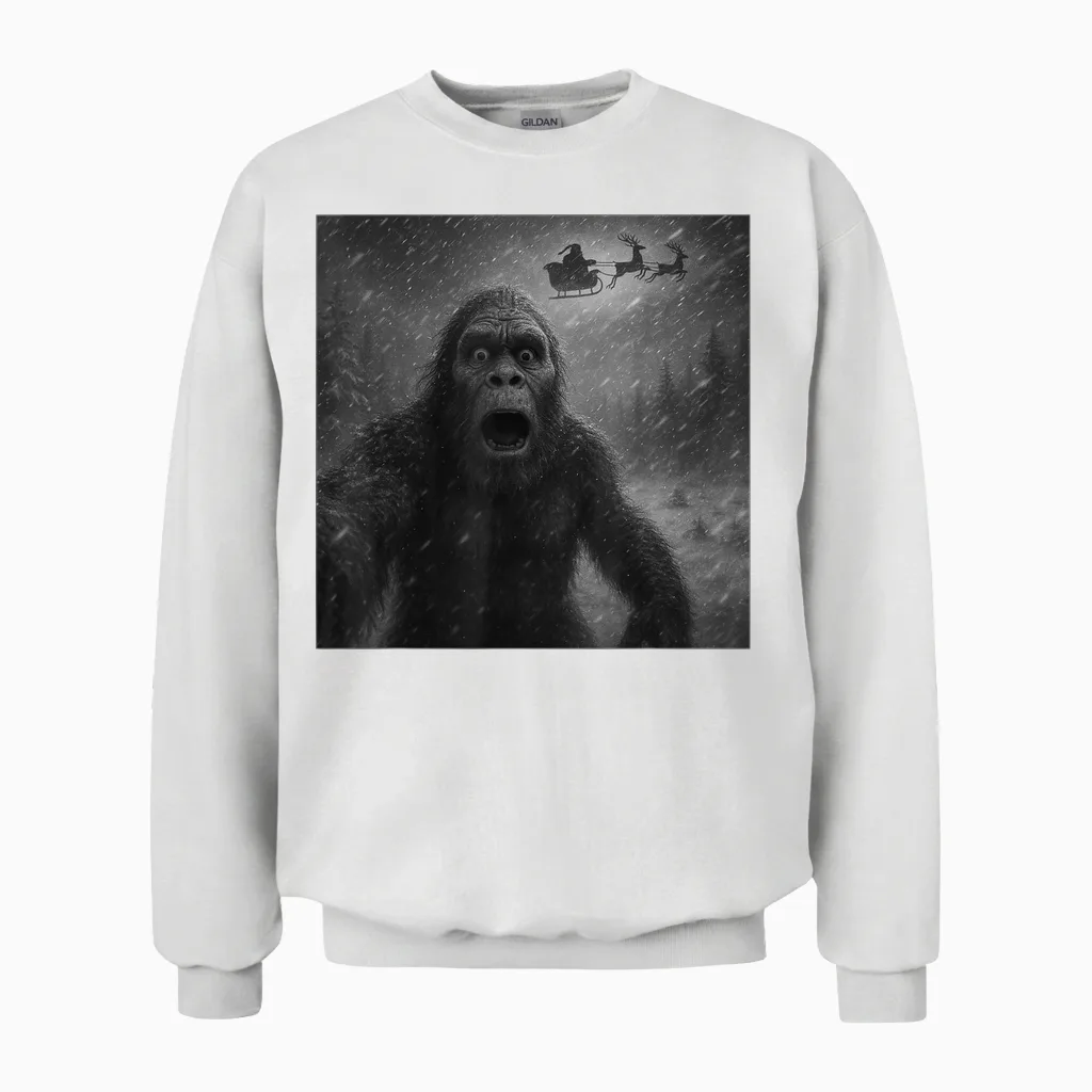 Funny Bigfoot Sasquatch Selfie Santa Claus Xmas Christmas Unisex Sweatshirt in White