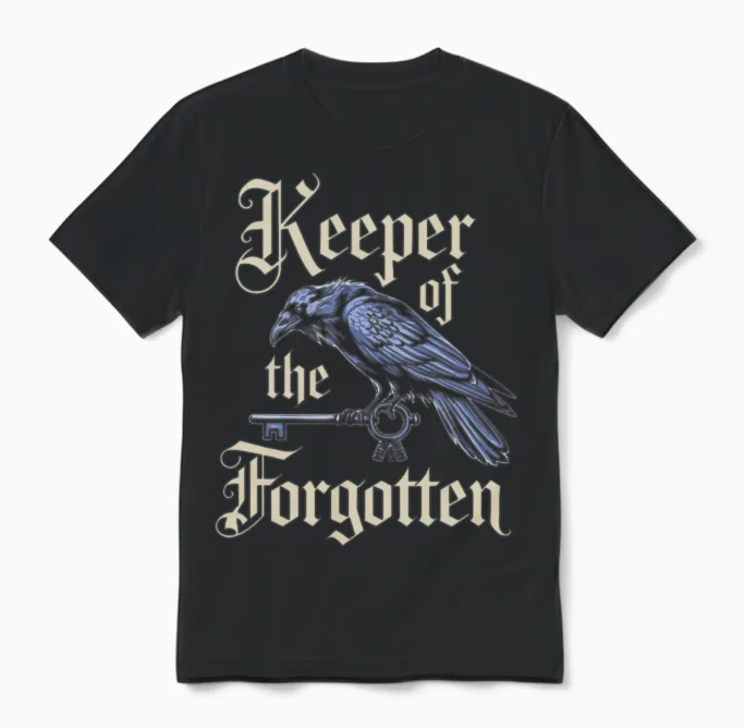 Keeper of the Forgotten Raven and Key Artwork Unisex T-Shirt in Black