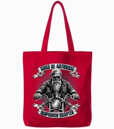Lustiger Biker Spruch Für Den Alten Mann - Sons of Arthrosis - Ibuprofen Chapter Biker Motorcyclist T-Shirt for Older Men, Black, S Tote Bags - Red