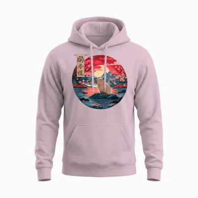 Capybara Vintage Japan Art Japanese Capybara Sunset Unisex Hoodie - Light Pink
