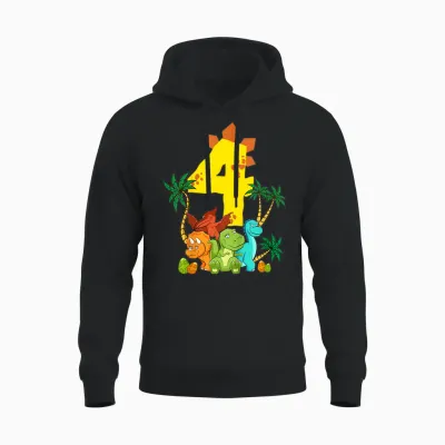 Children's 4 Years Birthday Boy Dinosaur Party Dino I Am 4 T-Shirt, Black Unisex Hoodie - Black