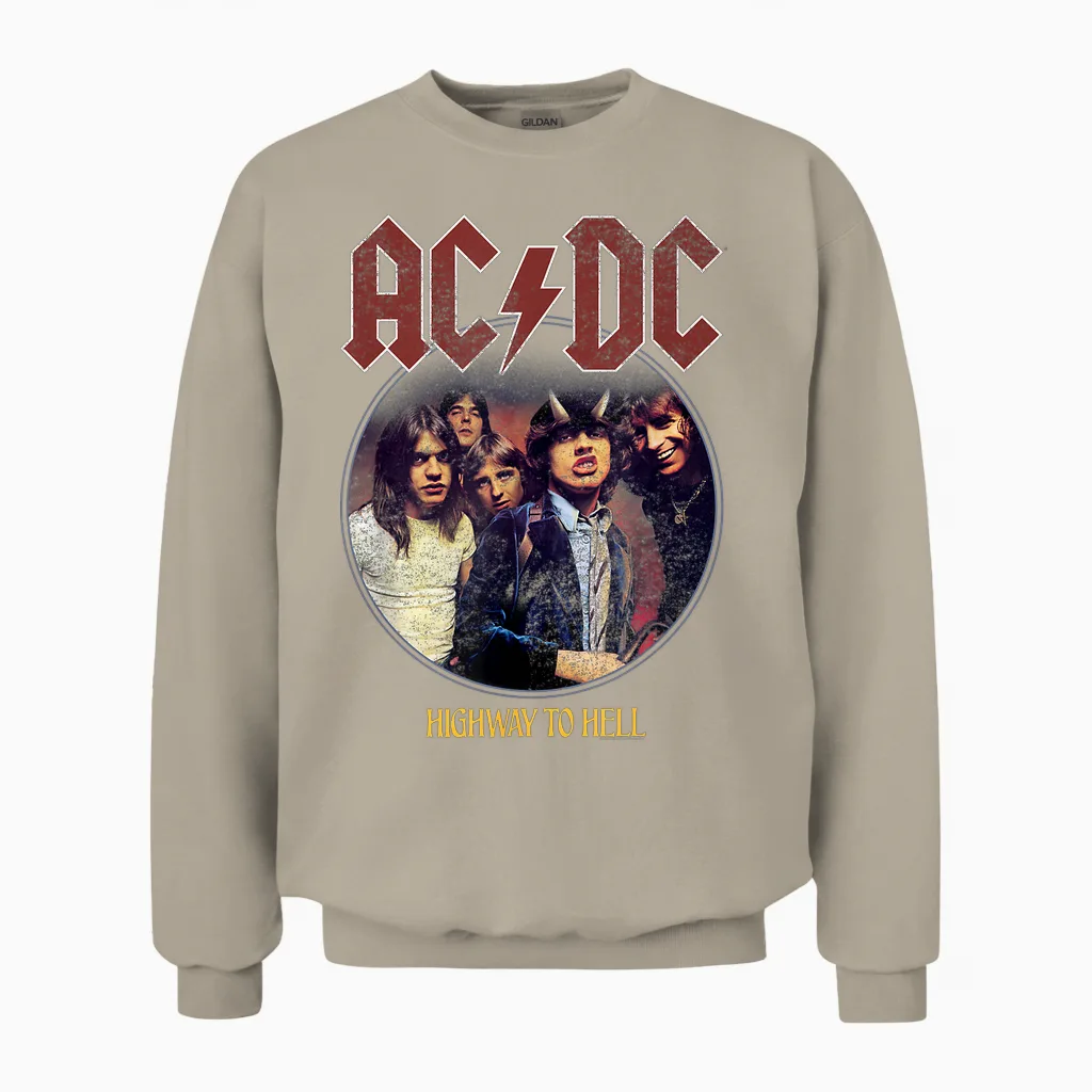 Official Ac/dc Highway to Hell Circle Rock Music Band Unisex Sweatshirt in Sand