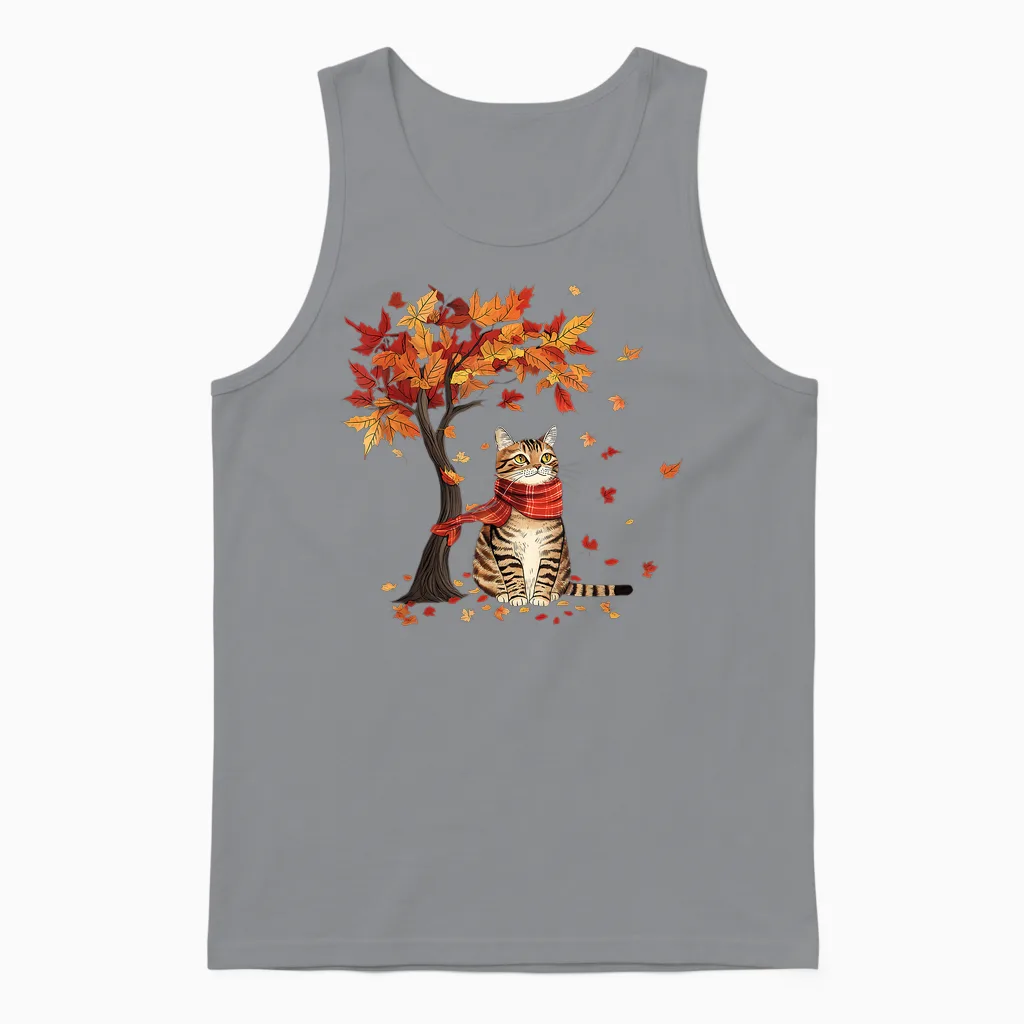 Cat Leaf Fall Tree Hello Autumn Thanksgiving It's Fall Y'all Unisex Tank Top in Sport Grey