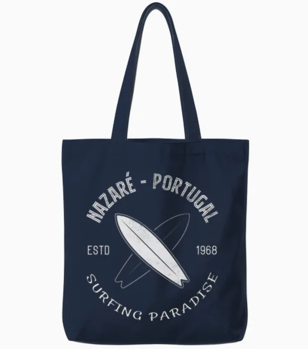 Nazare Surf Surfing Portugal Surfer Praia Do Norte Tote Bags in Navy