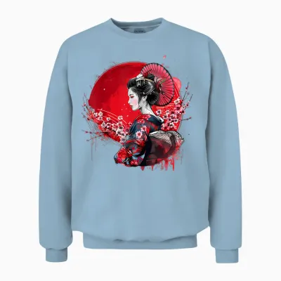 Japanese Kimono Geisha Sakura Cherry Blossom Japanese Art T-Shirt, Black, S Unisex Sweatshirt - Light Blue