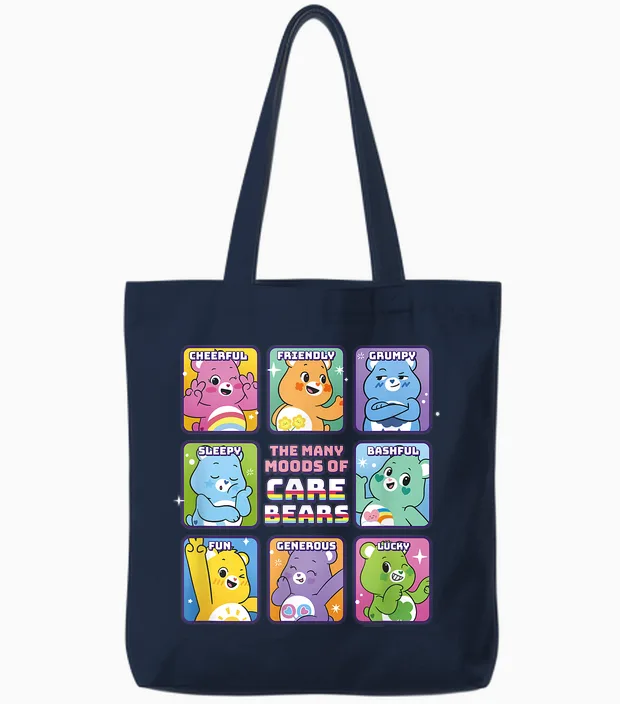 Care Bears Vintage Classic the Many Moods of Care Bears T-Shirt, White, S Tote Bags in Navy