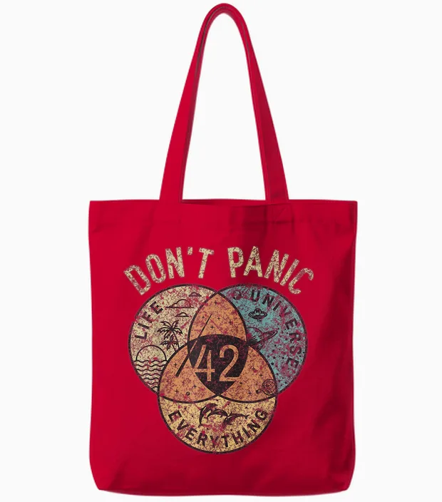 42 Answer to Life, the Universe and Everything No Panic T-Shirt, Black Tote Bags in Red