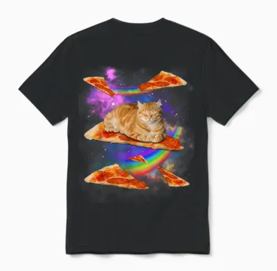 Funny Galaxy Cat in Space, Cat Riding Pizza Unisex T-Shirt - Black