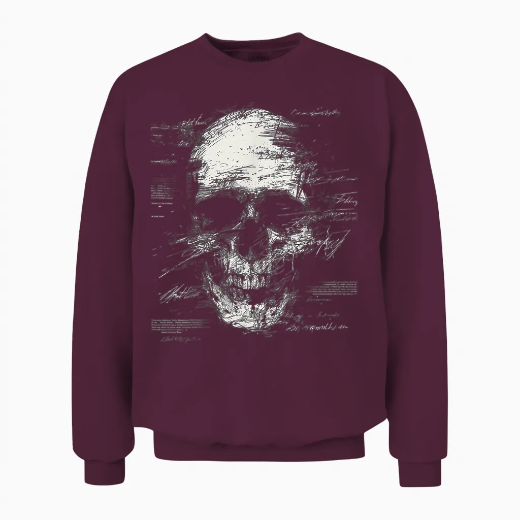 Skull Art Drawing Graphic Text Motif Skull T-Shirt, Black Unisex Sweatshirt in Maroon