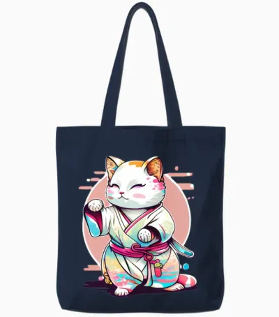 Cat Kimono Tote Bags - Navy