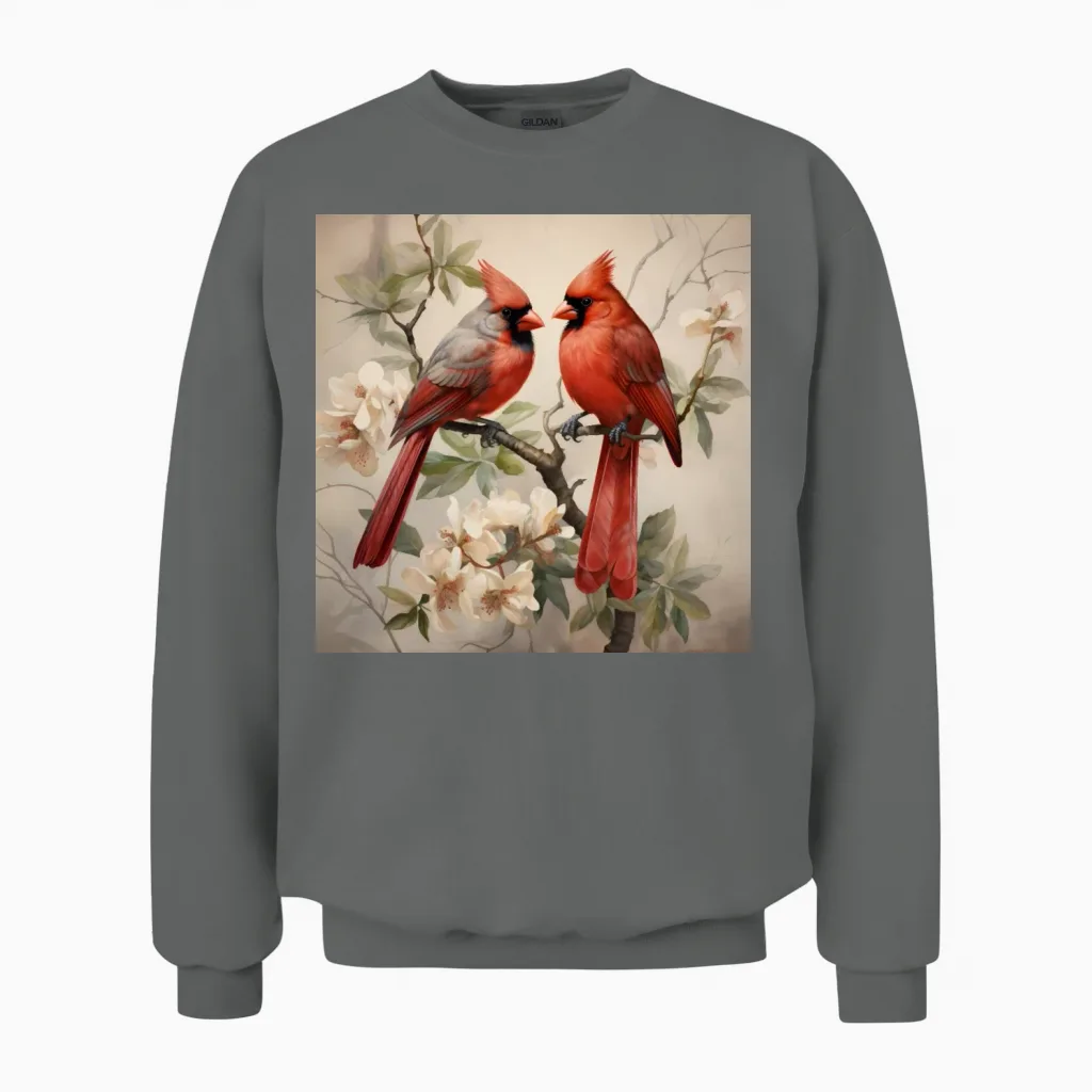 Northern Red Cardinal Birds with Flowers Unisex Sweatshirt in Graphite Heather
