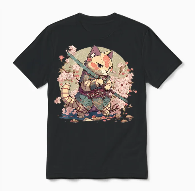 Japanese Samurai Warriors & Funny Kawaii Animes Samurai Cat Warrior Japanische Ninja-Katze Kawaii T-Shirt Schwarz Unisex Erwachsene Und Kinder Kurzarm T-Shirt Klein Unisex T-Shirt in Black
