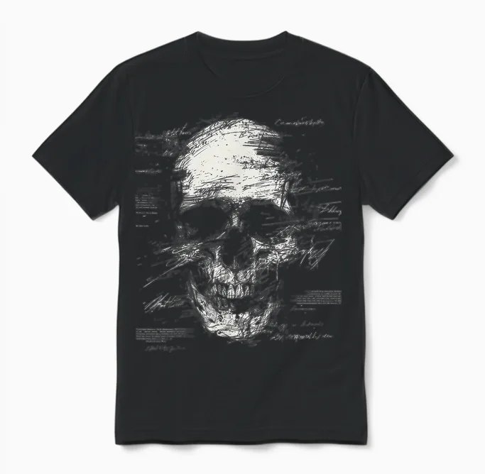 Skull Art Drawing Graphic Text Motif Skull T-Shirt, Black Unisex T-Shirt in Black