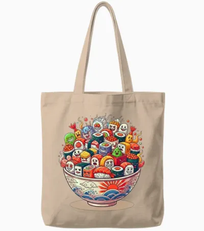 Kawaii Sushi Bowl Cartoon Parade Tote Bags - Natural