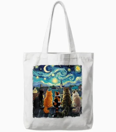 Funny Cat Starry Night Van Gogh Cats Rooftop Scene Feline Tote Bags - White