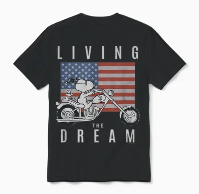 Peanuts Snoopy Living the Dream Snoopy on a Motorcycle Unisex T-Shirt - Black
