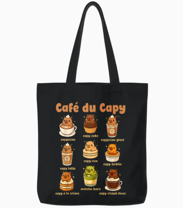 Capybara Coffee Cute Capybara Coffee Pun Kawaii Drink Art Tote Bags in Black