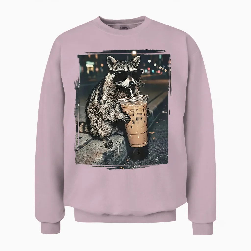 Raccoon Drinking Iced Coffee Funny Animal Meme Men Women Unisex Sweatshirt in Light Pink