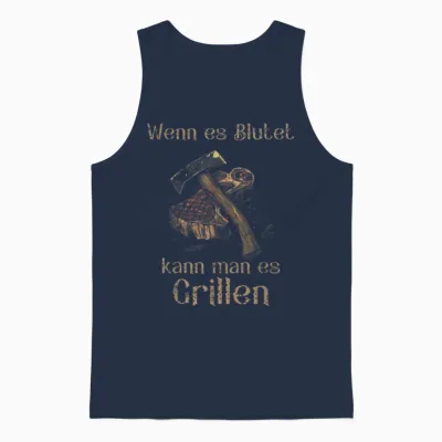 T-Shirt with German Text "wenn Es Blutet Kann Man Es Grillen, Black Unisex Tank Top - Navy