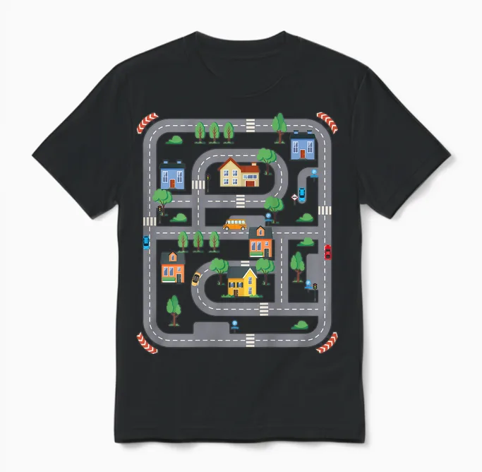Cool Playmat Race Car Track on Back Dad Race Car Mat T-Shirt, White Unisex T-Shirt in Black
