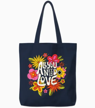 The Beatles - All You Need Is Love Retro Flowers T-Shirt, Black Tote Bags - Navy