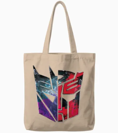 Kinder Transformers Autobot Decepticon Split Face Faded Logo Tote Bags - Natural