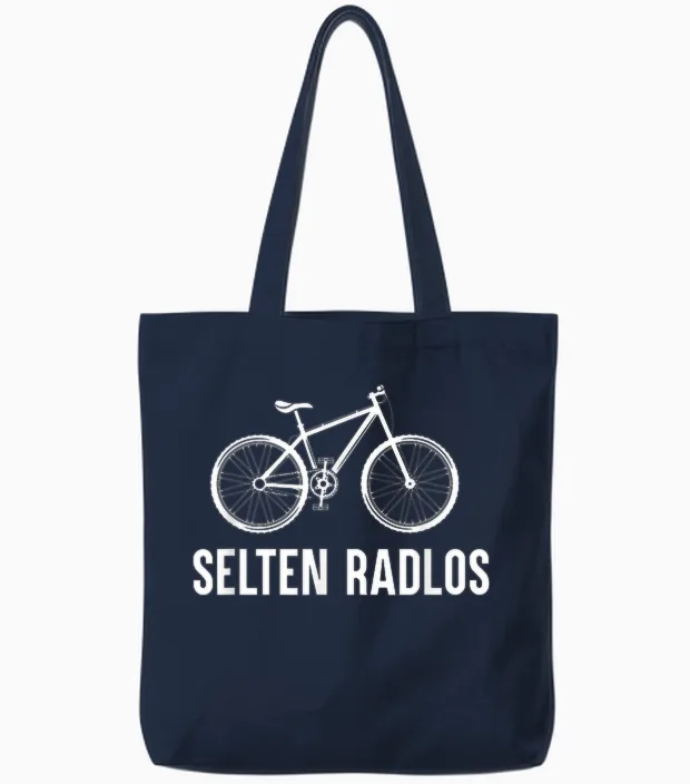 Rare Radlos Bicycle Cycling Road Bike E-Bike Mountain Bike T-Shirt, Black Tote Bags in Navy