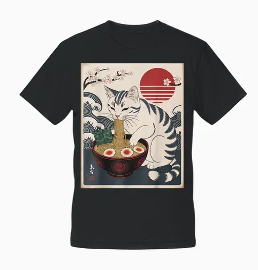 Kawaii Cat Eating Japanese Noodles Anime Cat Ramen Unisex T-Shirt - Black