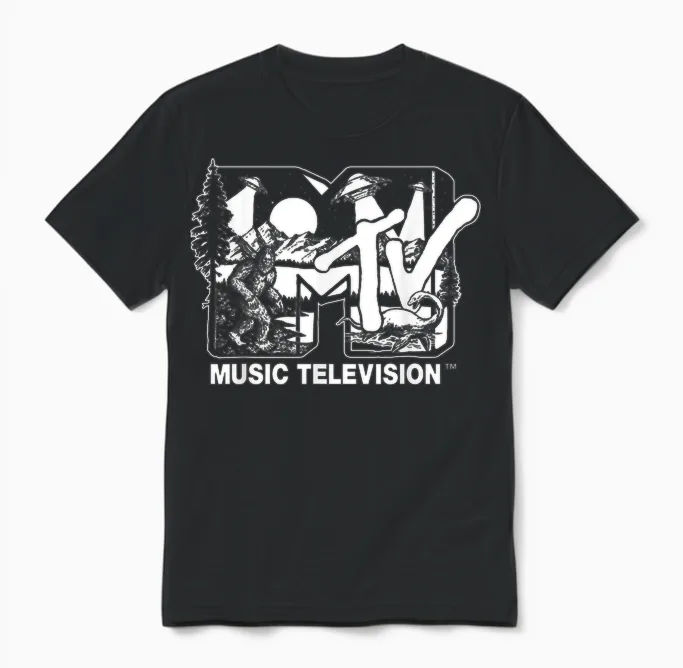 Mademark X Mtv - Cryptid-Filled Mtv Logo Feat. Bigfoot, Ufo, & Nessie Sketch Unisex T-Shirt in Black