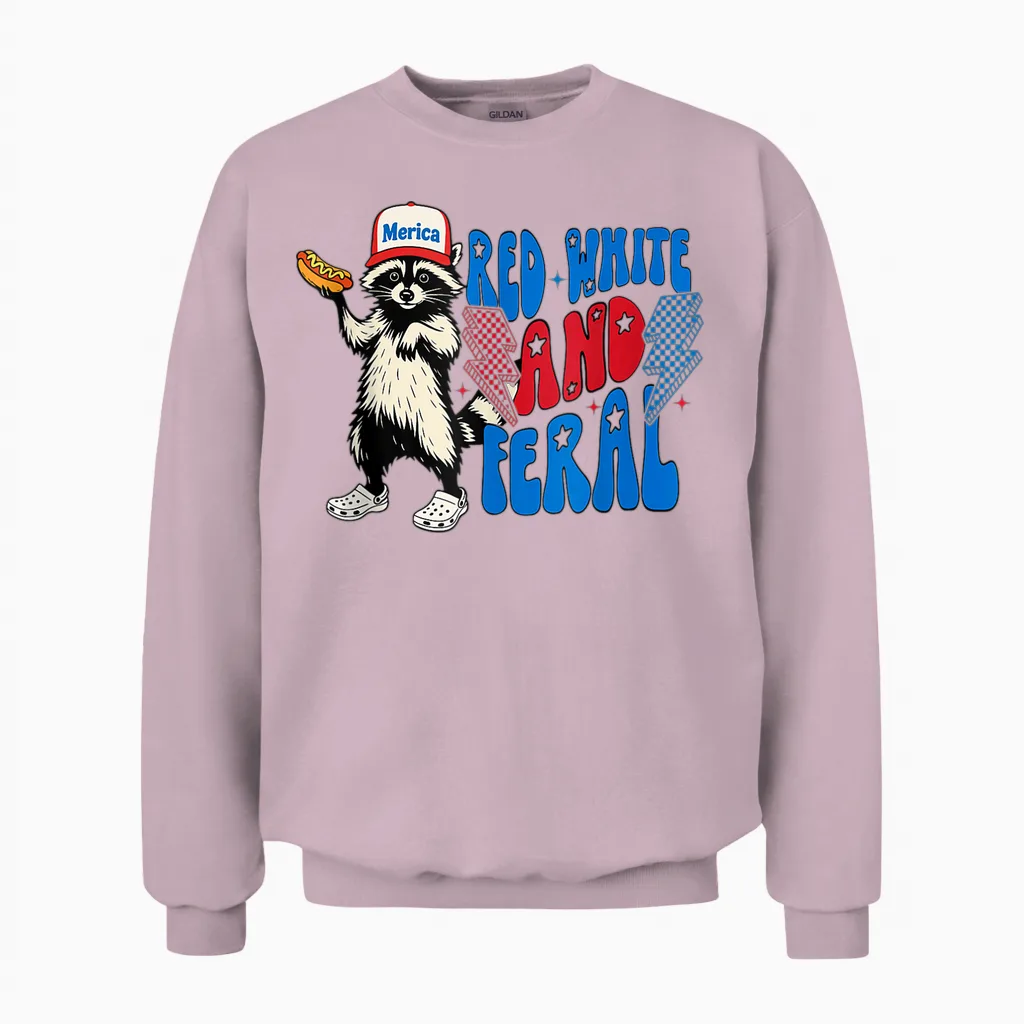 Funny Raccoon 4th of July Patriotic Cute Red White and Feral Unisex Sweatshirt in Light Pink
