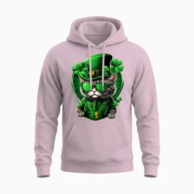 St Patricks Day Cat Men Women Boys Girls Clover Irish Cats Unisex Hoodie - Light Pink