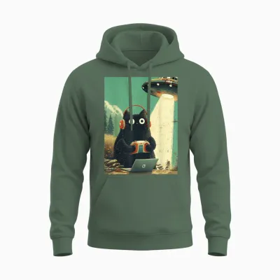 Vintage Japanische Katze Gamer Videospiele Abduktion Ufo Anime Unisex Hoodie - Military Green