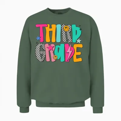 Women Third Grade Retro Checkered Teacher Back to School Unisex Sweatshirt - Military Green