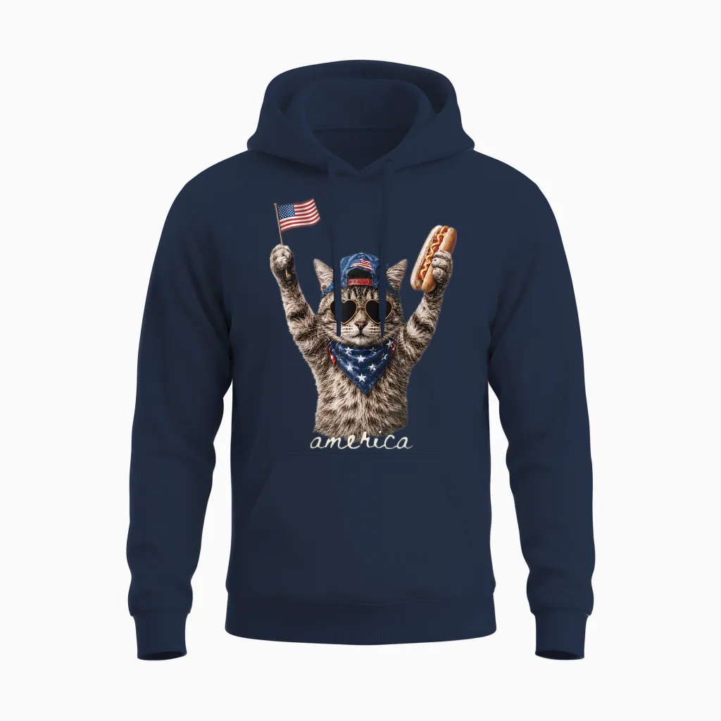 Retro Funny America Cat Hot Dog Lovers Patriotic Us Unisex Hoodie in Navy