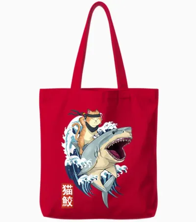 Samurai Cat Shirt - Retro Ninja Japanese Cat Shark Kanagawa Tote Bags - Red