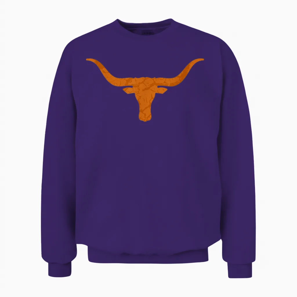 Hook'em Horns Bull with Vintage Distressed Long Horn Unisex Sweatshirt in Purple