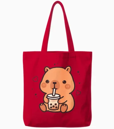 Kawaii Capybara Boba Bubble Tea Cute Anime Girls Boys Teens Tote Bags - Red