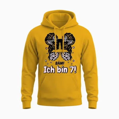 Kids 7th Birthday Girl Messy Bun Bäm! I Am Seven Unisex Hoodie - Gold