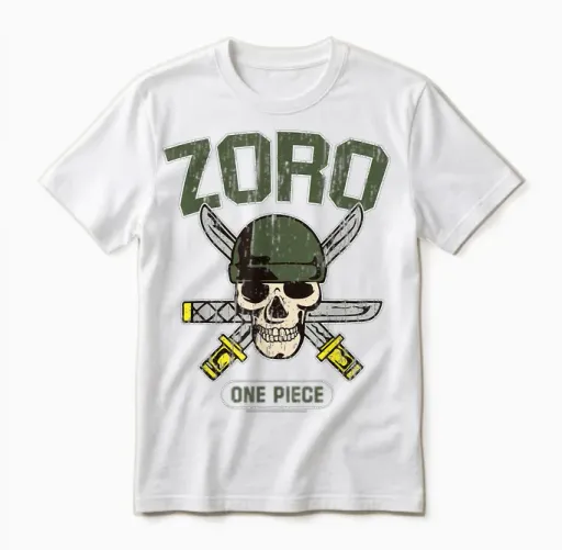 One Piece Straw Hat Pirate Hunter Roronoa Zoro Logo Anime T-Shirt, Black Unisex T-Shirt in White