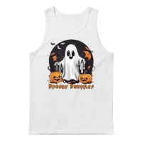 Cute Halloween Ghost and Pumpkin Unisex Tank Top - White – 1