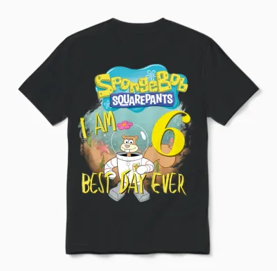 Kids Original Spongebob Square Pants - 6th Birthday Sandy Cheeks Unisex T-Shirt - Black