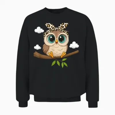 Niedliche Eule Mit Schleife, Leopardenmuster, Lustige Tierkunst Unisex Sweatshirt - Black