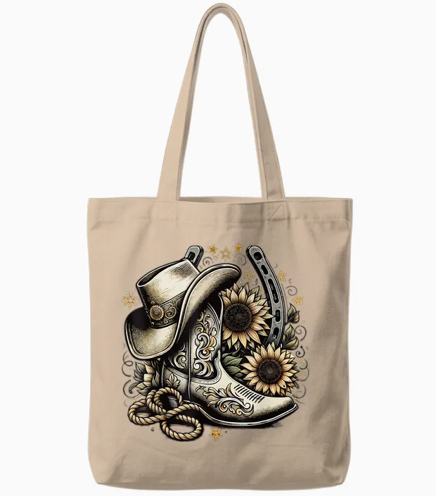 Western Cowboy Boot Horseshoe Shape Sunflower Rope Cowgirl Country T-Shirt, Black, S Tote Bags in Natural