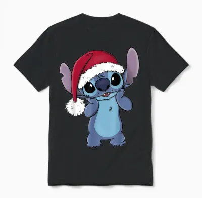 Disney Lilo & Stitch Christmas Santa Hat Stitch Portrait Short Sleeve T-Shirt Black Unisex T-Shirt - Black